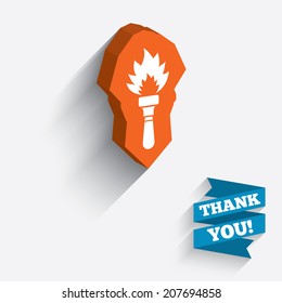 Torch flame sign icon. Fire flaming symbol. White icon on orange 3D piece of wall. Carved in stone with long flat shadow. Vector