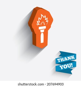 Torch flame sign icon. Fire flaming symbol. White icon on orange 3D piece of wall. Carved in stone with long flat shadow. Vector