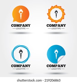 Torch flame sign icon. Fire flaming symbol. Business abstract circle logos. Icon in speech bubble, wreath. Vector