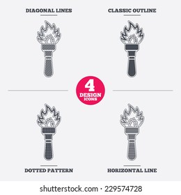 Torch flame sign icon. Fire flaming symbol. Diagonal and horizontal lines, classic outline, dotted texture. Pattern design icons.  Vector