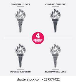 Torch flame sign icon. Fire flaming symbol. Diagonal and horizontal lines, classic outline, dotted texture. Pattern design icons.  Vector