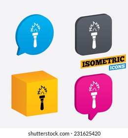 Torch flame sign icon. Fire flaming symbol. Isometric speech bubbles and cube. Rotated icons with edges. Vector