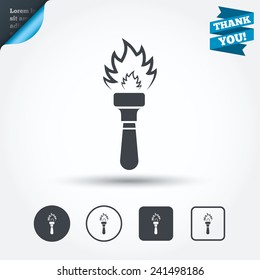 Torch flame sign icon. Fire flaming symbol. Circle and square buttons. Flat design set. Thank you ribbon. Vector