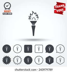 Torch flame sign icon. Fire flaming symbol. Circle, star, speech bubble and square buttons. Award medal with check mark. Thank you. Vector