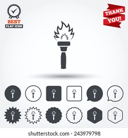 Torch flame sign icon. Fire flaming symbol. Circle, star, speech bubble and square buttons. Award medal with check mark. Thank you. Vector