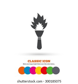 Torch flame sign icon. Fire flaming symbol. Classic flat icon. Colored circles. Vector