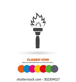 Torch flame sign icon. Fire flaming symbol. Classic flat icon. Colored circles. Vector