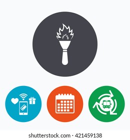 Torch flame sign icon. Fire flaming symbol. Mobile payments, calendar and wifi icons. Bus shuttle.