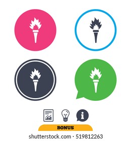 Torch flame sign icon. Fire flaming symbol. Report document, information sign and light bulb icons. Vector