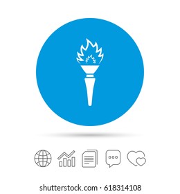 Torch flame sign icon. Fire flaming symbol. Copy files, chat speech bubble and chart web icons. Vector