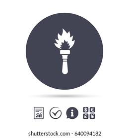 Torch flame sign icon. Fire flaming symbol. Report document, information and check tick icons. Currency exchange. Vector