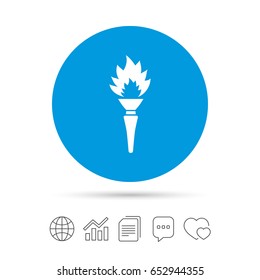 Torch flame sign icon. Fire flaming symbol. Copy files, chat speech bubble and chart web icons. Vector