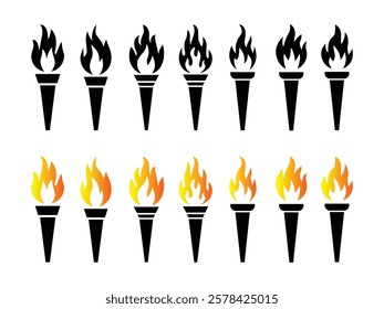 Torch and flame silhouette. Torch fire icon collection. Olympic torch icon, sign, symbol, victory, success, and achievement.