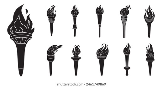 Torch with flame silhouette icon set. The symbol of victory, success or achievement. Silhouettes various flaming torches isolated on white. Doodle style hand drawn Vector illustration