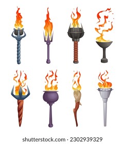 Torch flame. Various stick with burning flame ancient illumination tools exact vector cartoon torchlight