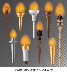 Torch flame vector flaming torchlight or lighting flambeau symbol of achievement torching with burned fire flame 3d realistic illustration isolated on background
