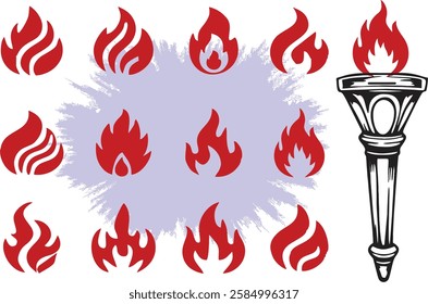 Torch with flame as victory champion icons set. Olympic symbol with red flame. Different style fire flames with torch icon. Fire extinguish equipment marketing idea. Editable vector, EPS 10.