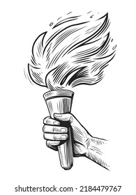 Torch with flaming fire in hand sketch. Shining torch on raised hand isolated. Vector illustration in engraving style