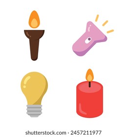 Antorcha, linterna, bombilla, diseño plano de la vela aislado en blanco. Juego de Ilustración vectorial de herramientas de iluminación. 