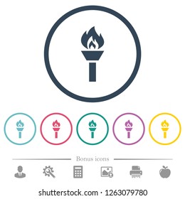 Torch flat color icons in round outlines. 6 bonus icons included.