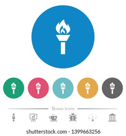Torch flat white icons on round color backgrounds. 6 bonus icons included.