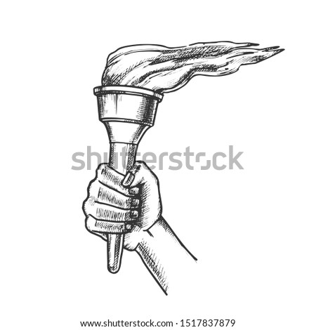 Torch Hand Holding Burning Stick Retro Vector. Torch With Peaceful Fire of Freedom, Equality And Brotherhood. Burn With Tongue Engraving Layout Designed In Vintage Style Black And White Illustration