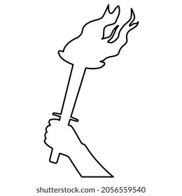 Torch in hand outline isolated on white. Contour design element. Vector illustration.