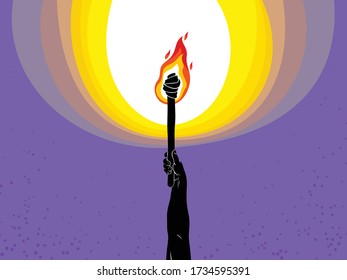 Torch in a hand raised up illuminates the dark vector illustration, flames of fire, bring the light to the dark, conceptual allegory art.