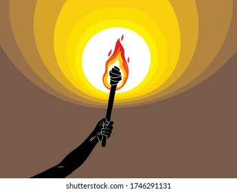 La antorcha en una mano levantada ilumina la oscura ilustración vectorial, Prometeo, las llamas del fuego, llevan la luz al arte alegórico oscuro y conceptual.