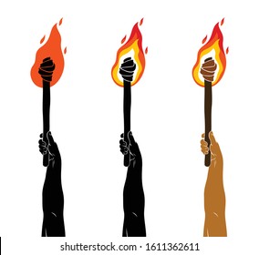 Torch in a hand raised up vector illustration, Prometheus, flames of fire, bring the light to the dark, conceptual allegory art.