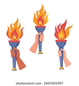 Torch in hand set. Flaming torchs.Sport fire sign. Competitions, athletic, champion, sports game or freedom torches with flames icon.