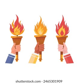 Torch in hand set. Flaming torchs.Sport fire sign. Competitions, athletic, champion, sports game or freedom torches with flames icon.