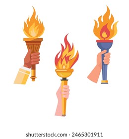 Torch in hand set. Flaming torchs.Sport fire sign. Competitions, athletic, champion, sports game or freedom torches with flames icon.