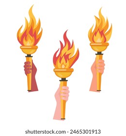 Torch in hand set. Flaming torchs.Sport fire sign. Competitions, athletic, champion, sports game or freedom torches with flames icon.