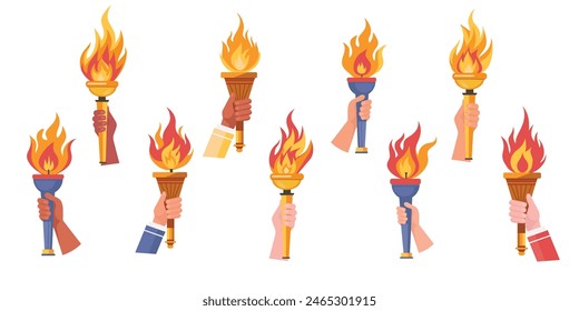 Torch in hand set. Flaming torchs.Sport fire sign. Competitions, athletic, champion, sports game or freedom torches with flames icon.