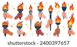 Torch in hand set. Vector isolated burning torches flames in hands. Symbols of relay race, competition victory, champion or winner.