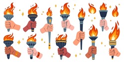 Torch In Hand Set. Vector Isolated Burning Torches Flames In Hands. Symbols Of Relay Race, Competition Victory, Champion Or Winner.