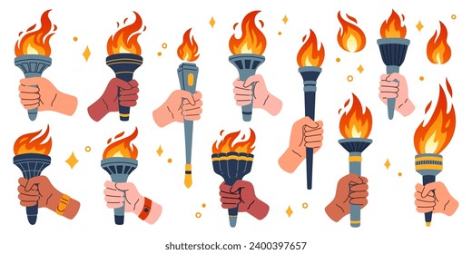 Torch in hand set. Vector isolated burning torches flames in hands. Symbols of relay race, competition victory, champion or winner.
