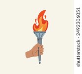 Torch in hand. Vector isolated burning torch flame in hand. Symbol of relay race, competition victory, champion or winner.