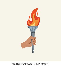 Torch in hand. Vector isolated burning torch flame in hand. Symbol of relay race, competition victory, champion or winner.