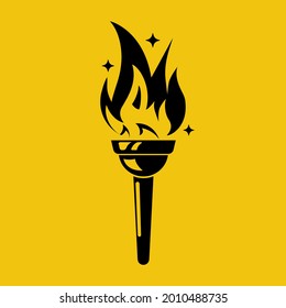 Torch icon black silhouette. Pictogram fire symbol. Vector illustration glyph design. Isolated on yellow background. Sign of sports competitions.