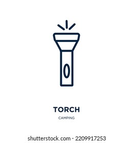 torch icon from camping collection. Thin linear torch, bright, light outline icon isolated on white background. Line vector torch sign, symbol for web and mobile