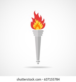 Torch icon with a flame in flat design. Vector illustration. Colored torch with shadow on light background.