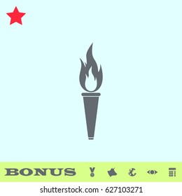 Torch icon flat. Grey pictogram on blue background. Vector illustration symbol and bonus buttons medal, cow, earth, eye, calculator