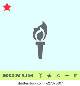 Torch icon flat. Grey pictogram on blue background. Vector illustration symbol and bonus buttons medal, cow, earth, eye, calculator