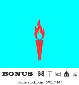 Torch icon flat. Red pictogram on blue background. Vector illustration symbol and bonus buttons Music center, corkscrew, credit card, house, drum