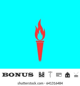 Torch icon flat. Red pictogram on blue background. Vector illustration symbol and bonus buttons Music center, corkscrew, credit card, house, drum