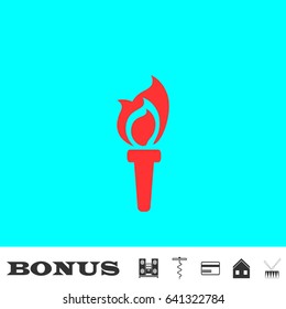 Torch icon flat. Red pictogram on blue background. Vector illustration symbol and bonus buttons Music center, corkscrew, credit card, house, drum