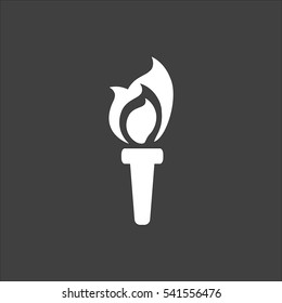 Torch icon flat. Vector white illustration isolated on black background. Flat symbol