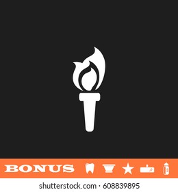 Torch icon flat. White pictogram on black background. Vector illustration symbol and bonus button tooth, vase, star, mirror, bottle